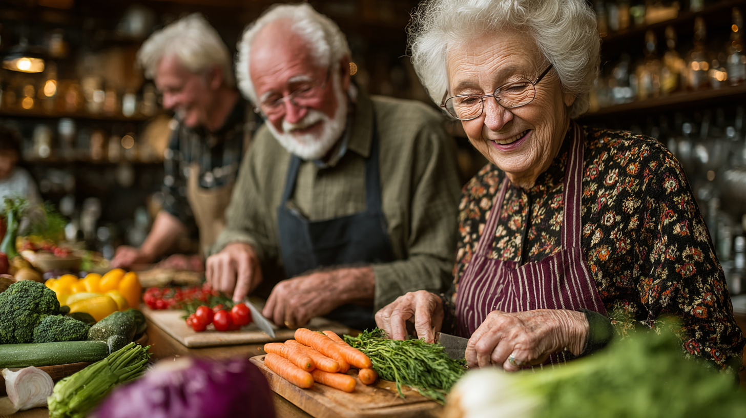 Щаслива пара старшого віку готує здорову їжу разом на кухні